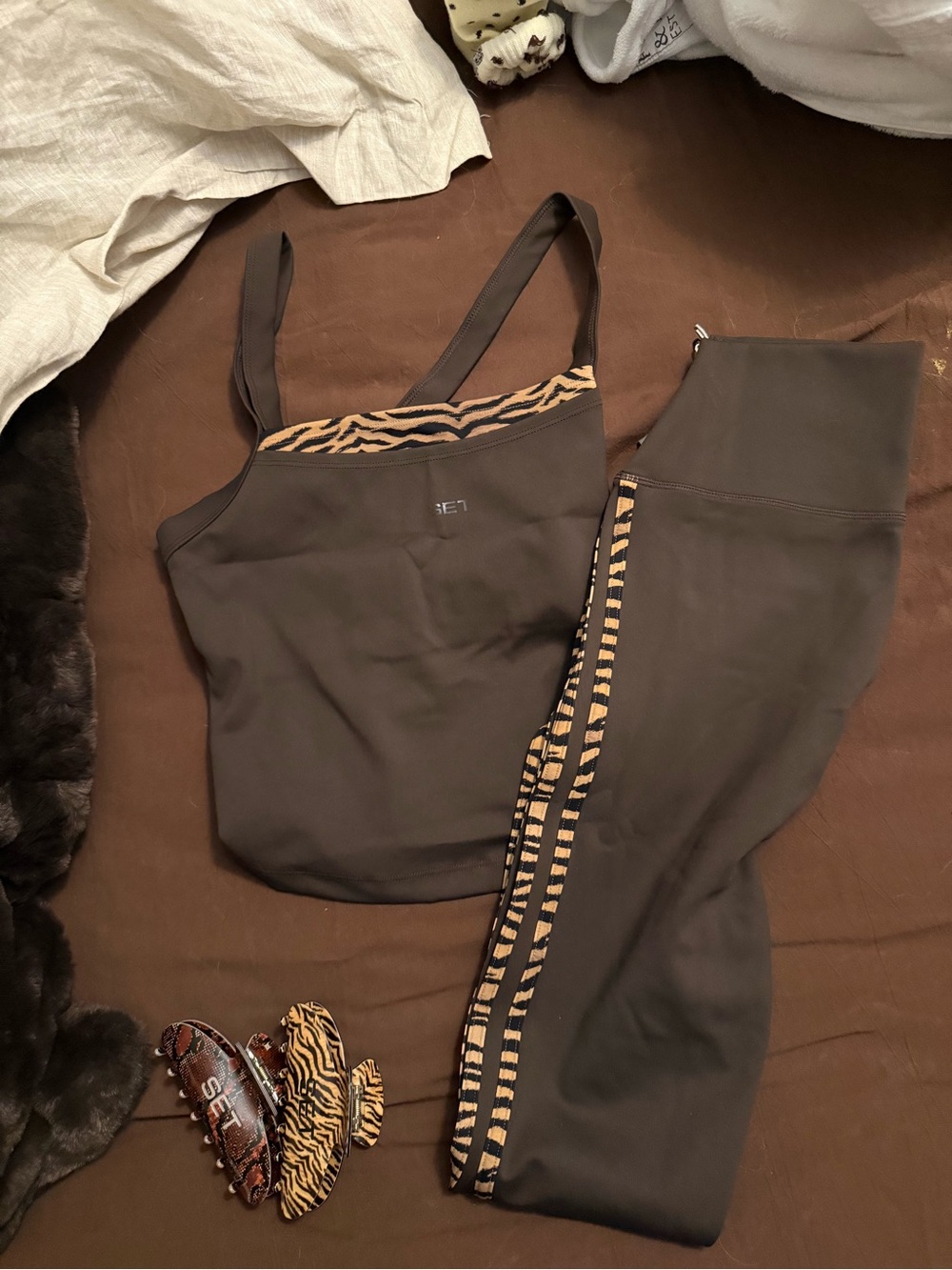 SET Active Brown Tiger-Trim Sports Bra & Leggings